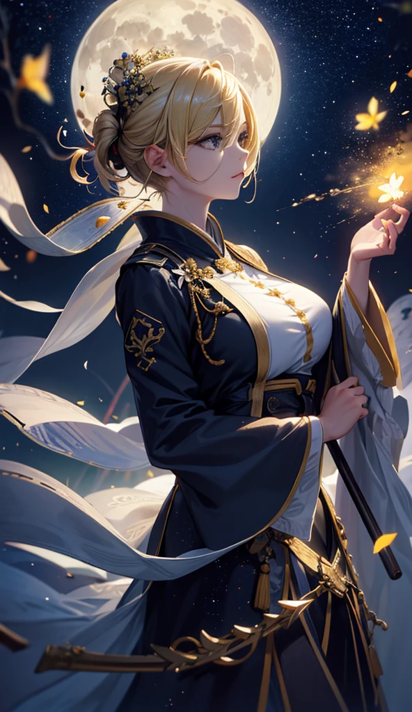 masterpiece, high quality, 4K, Beautiful design, silhouette,blonde, 非常に詳細な夜のStarry Sky,Flower Field, wonderful, Finer details, Very knowledgeable woman, Highly detailed solo, 1 female,Big Breasts,dress,Night view,Starry Sky,full moon,