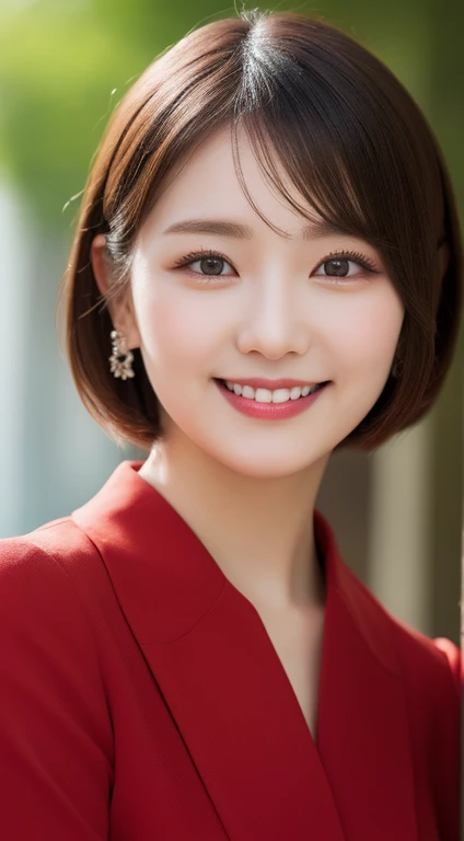 (highest quality, Super detailed, Fine details, High resolution, 8k wallpaper, Perfect composition), Beautiful fine details, Stylish clothing, short hair, nature, Graceful pose, smile, 30-year-old woman, Fascinating, Looking into the camera lens,  Red formal suit, 鮮やかでFascinating.
