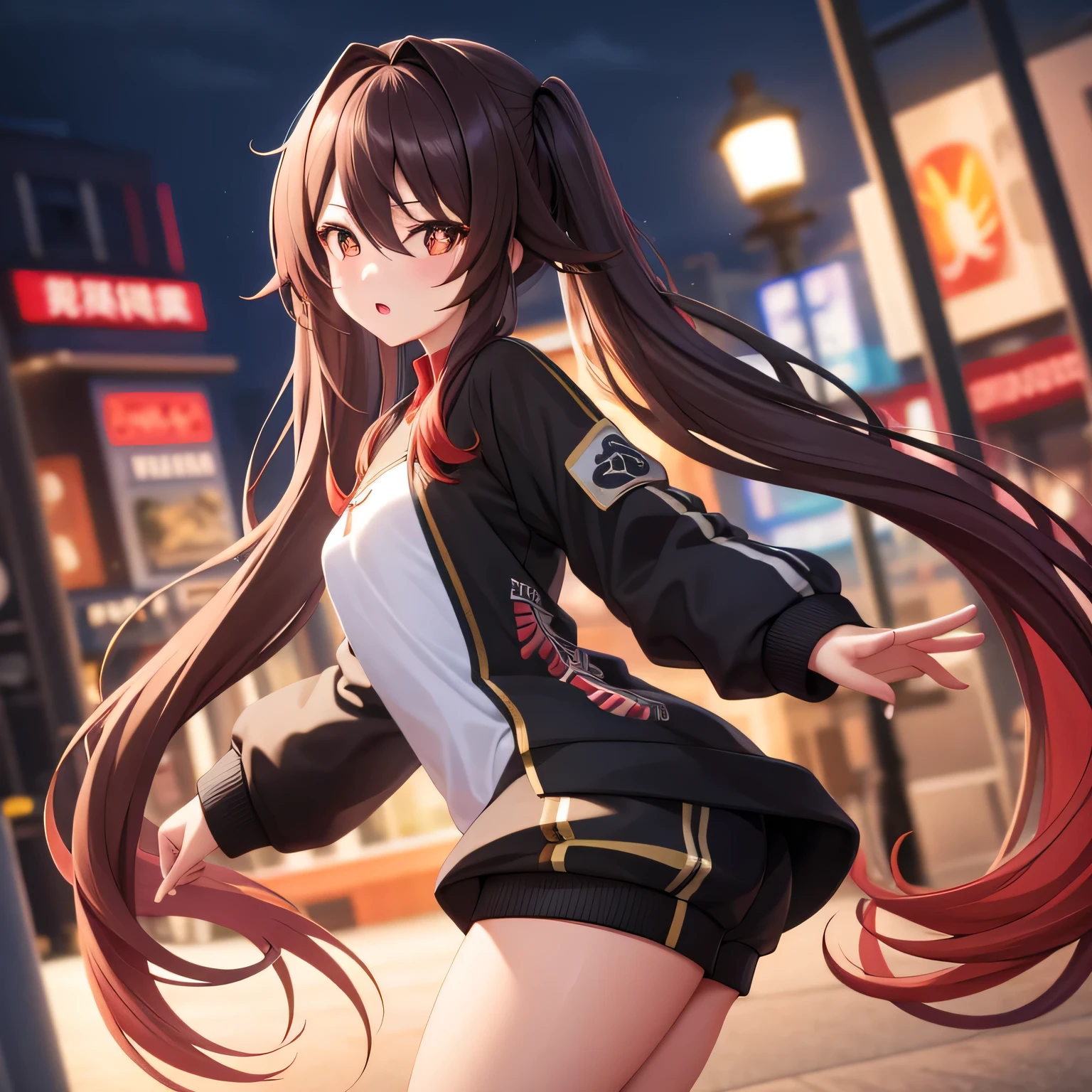 masterpiece, best quality, HuTaoV4, 1girl, solo, blush, twintails, long hair, hair between eyes, ((streetwear clothes)), city, outdoors, night, movie poster, extremely detailed 8K, smooth, high resolution, ultra quality, cinematic lighting, ambient occlusion, hd, 2k, 4k, 8k, 16k, extremely detailed anime, detailed faces, perfect composition, wide shot, atmospheric lighting, 