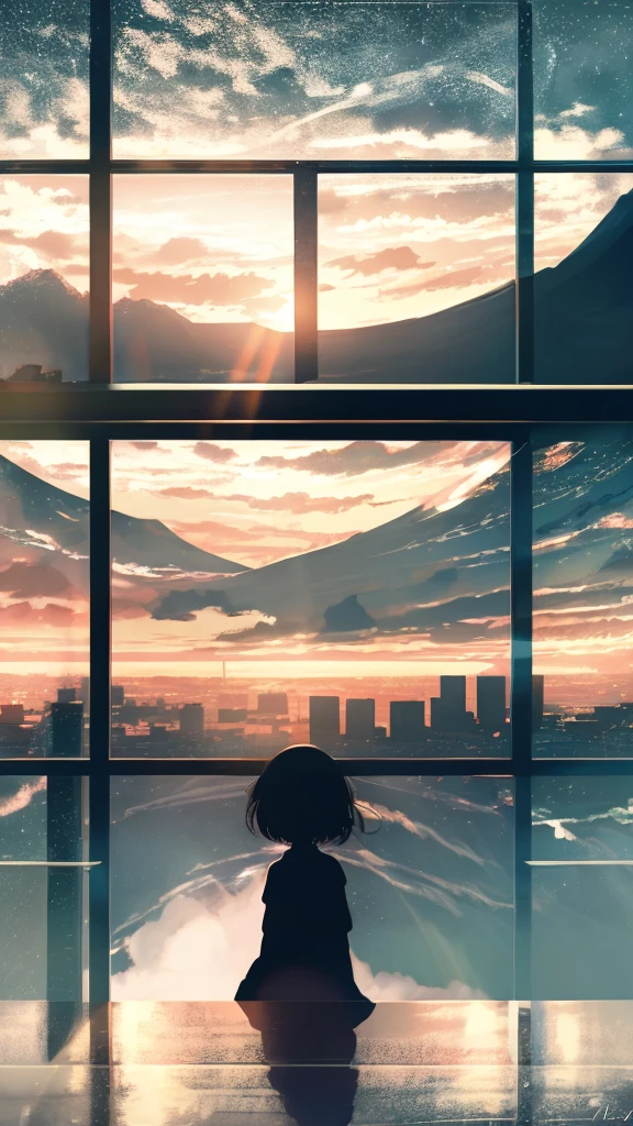 anime,silhouette,1girl, cloud, outdoors, skyscraper, city lights, blue sky, skyline,morning,waking,In nature,Mountain,Couple,Many books