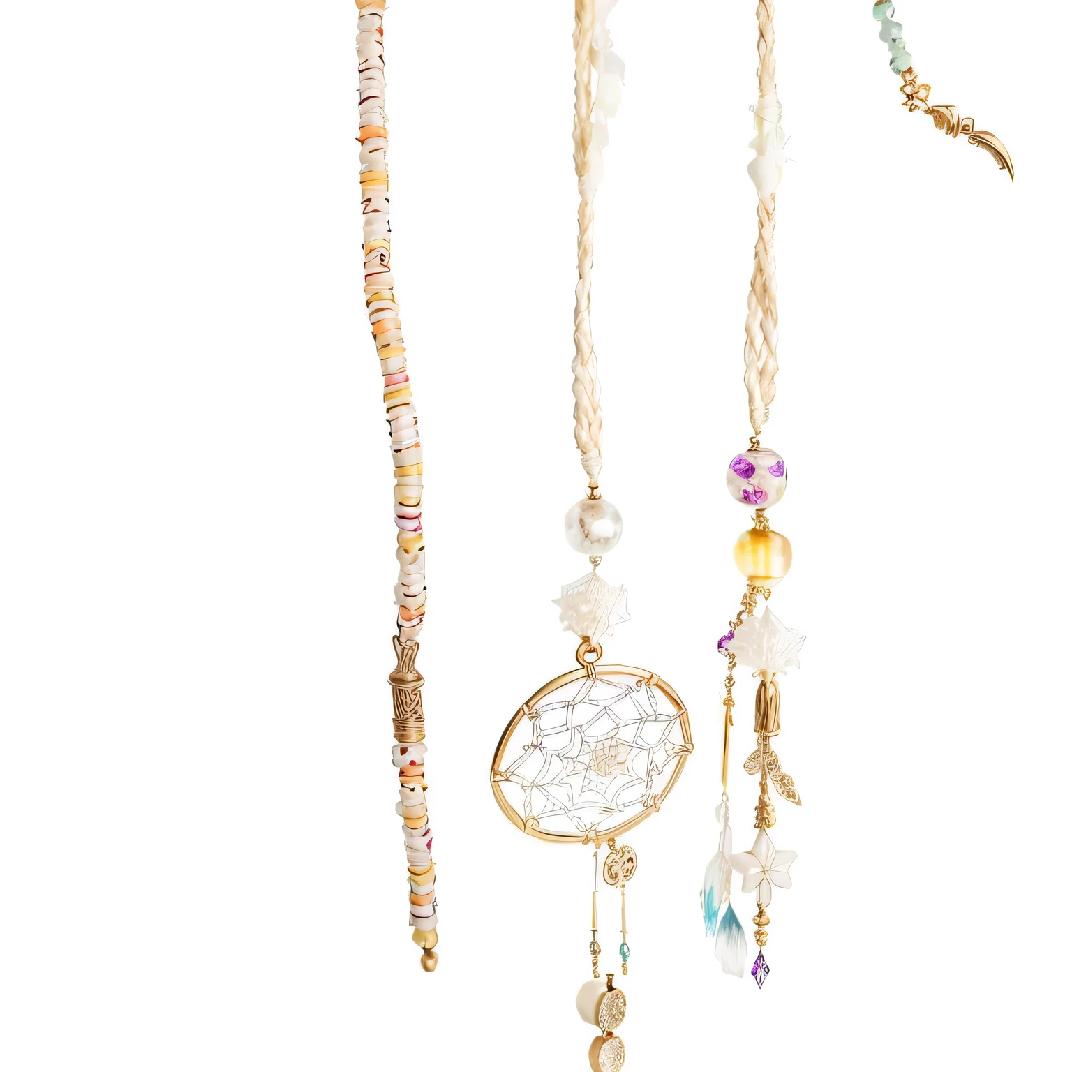 there are three necklaces with Beads and a dream catcher on them, glass Beads amuletos de argila, Apanhador de Sonhoss, galactic Apanhador de Sonhoss, amuletos de argila, Macrame, pendurado, joias tribais, Beads, bone jewelry, Scares away spirits, things pendurado from ceiling, joias ricas nativas, Apanhador de Sonhos, por Phyllis Bone, bone jewelry, Paste on display, joias de cabelo