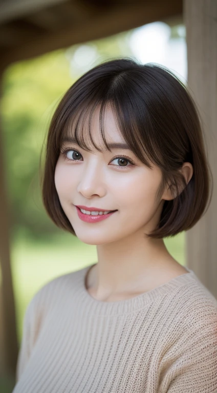 (highest quality, Super detailed, Fine details, High resolution, 8k wallpaper, Perfect composition), Beautiful fine details, Stylish clothing, short hair, nature, Graceful pose, smile, 30-year-old woman, Fascinating, Looking into the camera lens, She is wearing a Morandi color palette sweater., 鮮やかでFascinating.