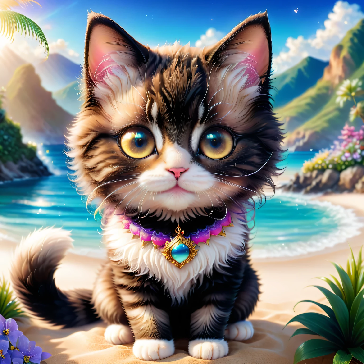 a cute chibi style cat wearing a swimsuit, detailed, highly detailed, adorable, beautiful, elegant, photorealistic, a cat with a happy, playful expression, big eyes, small nose, soft fur, detailed facial features, a stunning, breathtaking, fantasy landscape background, detailed, highly detailed, vibrant colors, magical, mystical, serene, calming