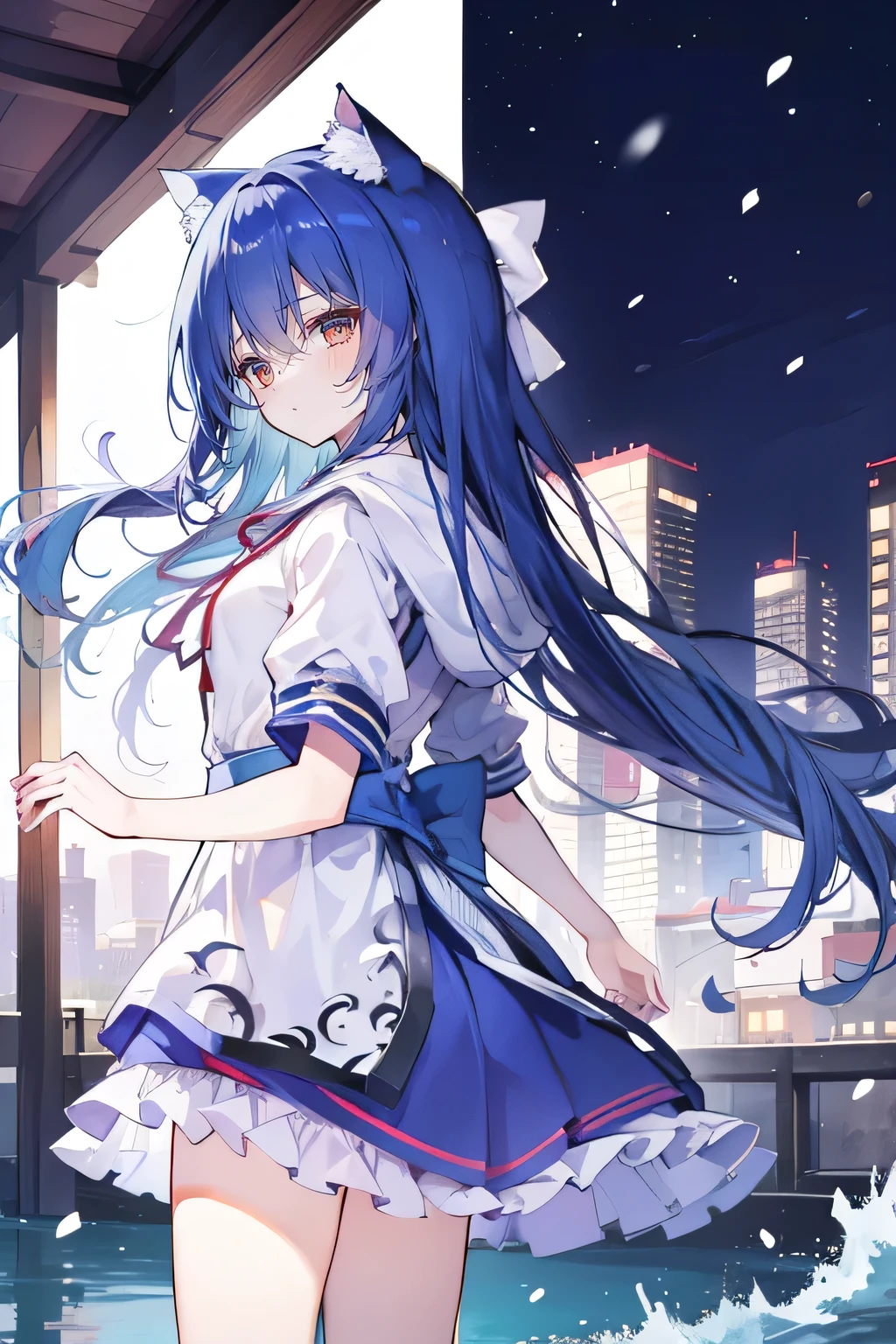 (masterpiece:1.2),Super detailed,lifelike,Expressive eyes,fair skin,perfect face shape,1 girl,
Japanese comics,Gorgeous blue hair,flowing blue hair,flowing clothes,Cat ears,Petals fall,beautiful lola,Baby Angel,
Shaking head with one hand,Cross your legs,Gentle and peaceful background,The pavilion is cool and comfortable,smile, wearing hoodie, background of tokyo,back views,snowing, winter,lie on the water.