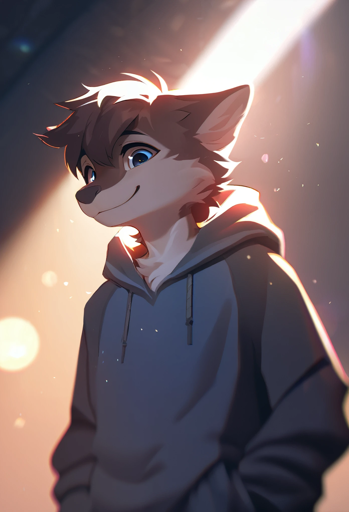 highres, top quality, best quality, paid reward available, High-quality illustrations, unparalleled masterpiece(1boy，Lovely， Casual wear，Deep) Facing the audience，Looking at the audience(furry anthro)（Smile）absurdres, perfect anatomy, caustics, dynamic lighting, lens flare, cinematic shadow, cinematic angle,