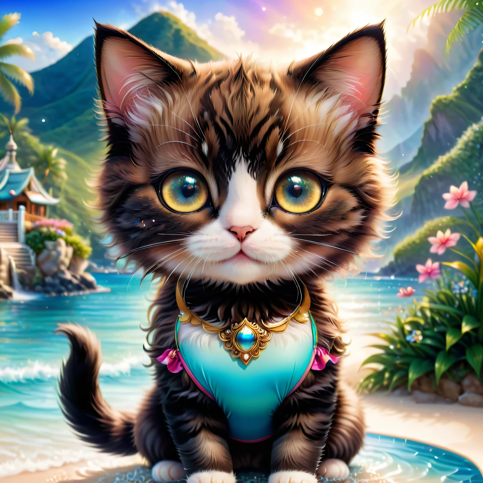 a cute chibi style cat wearing a swimsuit, detailed, highly detailed, adorable, beautiful, elegant, photorealistic, a cat with a happy, playful expression, big eyes, small nose, soft fur, detailed facial features, a stunning, breathtaking, fantasy landscape background, detailed, highly detailed, vibrant colors, magical, mystical, serene, calming