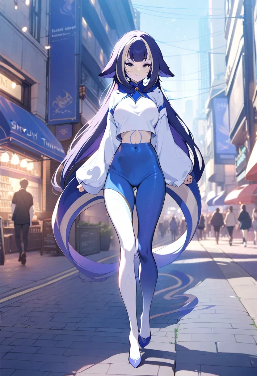 (shylily/(Twich/):1.5),(masterpiece:1.2),(best quality:1.2),Anime girl wearing white shirt and leggings walking on city street,High and tall,Perfect body shape,Full Body Love(1.8)
