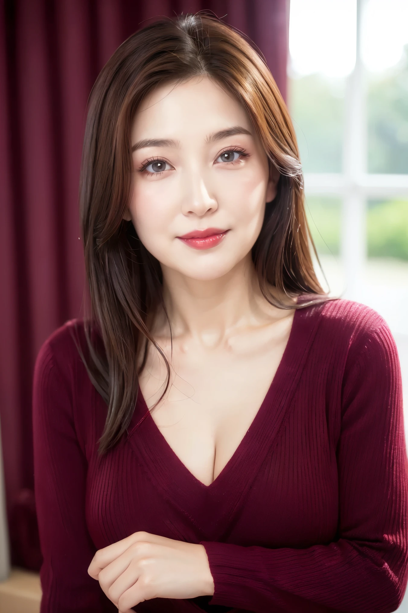 (highest quality、Tabletop、8k、Best image quality、Award-winning works)、One beautiful woman、Beautiful elegant straight long hair、Dark brown hair、(alone:1.1)、(The perfect burgundy V-neck long sleeve knit:1.5)、(Burgundy V-neck knit:1.5)、(Strongly blurred window curtain background:1.3)、とてもLarge Breasts、Accentuate your body lines、Beautiful and detailed、Look at me、(Perfect Makeup:1.1)、Bright lipstick、Ultra-high definition beauty face、Ultra HD Hair、Ultra-high definition sparkling eyes、Ultra High Resolution Perfect Teeth、Ultra-high quality glossy lips、Accurate anatomy、Very beautiful skin、Glowing skin in ultra-high resolution、frontから見たときの優雅な直立姿勢、(Very bright and vivid:1.2)、(Slender body:1.2)、(Slender and beautiful face:1.1)、(Cleavage:1.2)、(Large Breasts:1.1)、Shiny, vibrant lipstick、(Close-up of face:1.2)、(50 year old beauty:1.3)、Wrinkled face、front、clavicle、Radiant Skin