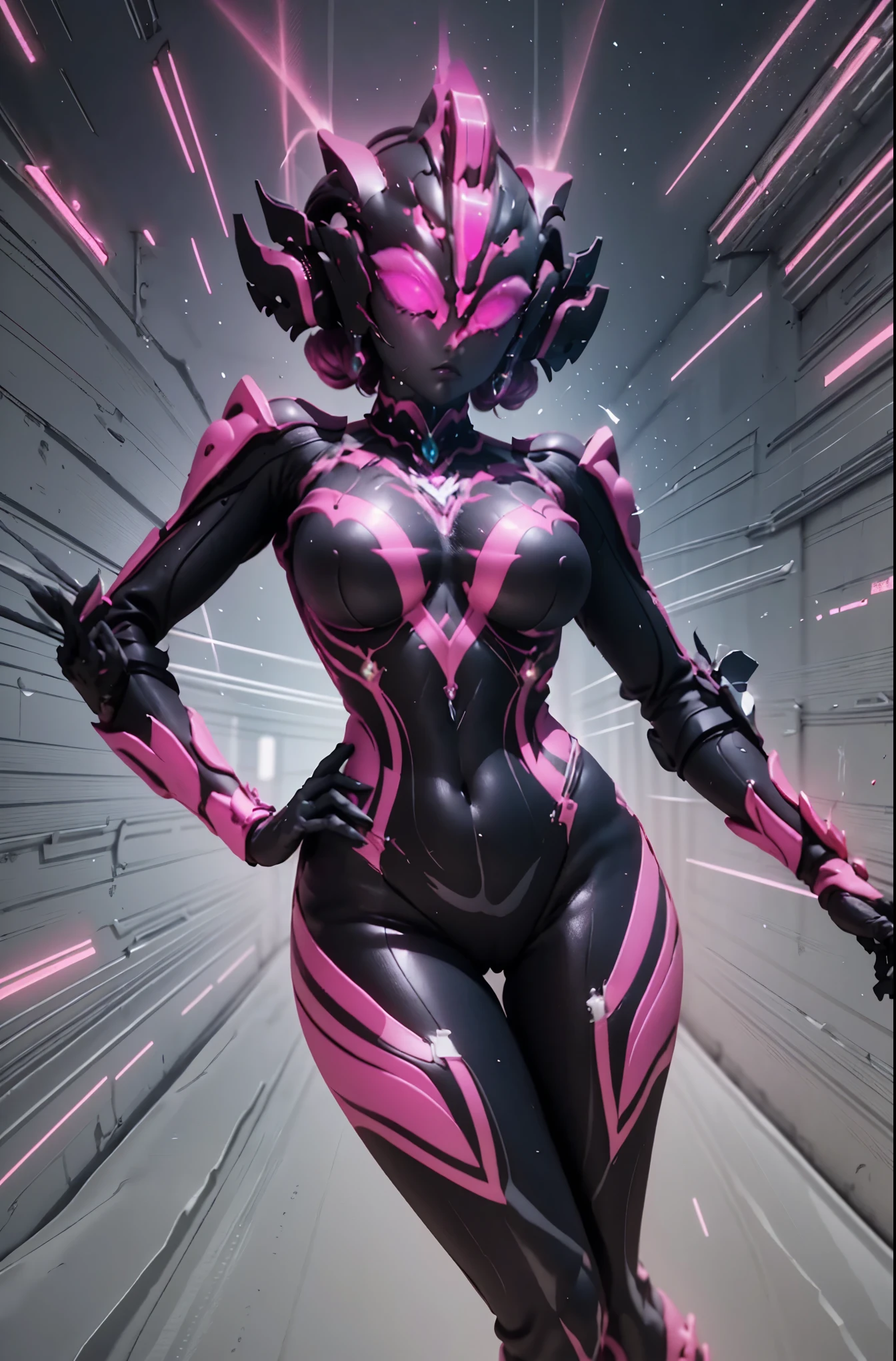 Ultraman Woman. （high quality）（luster）（Black and Pink thema color）（Black helmet. Black  Face）women only. The whole body is covered with a black bodysuit. Spike decoration. Pink lines all over the body. purple coloreye. pink glow crystal. pink sharp claw. squat pose. Emphasize the belly button. dark background.