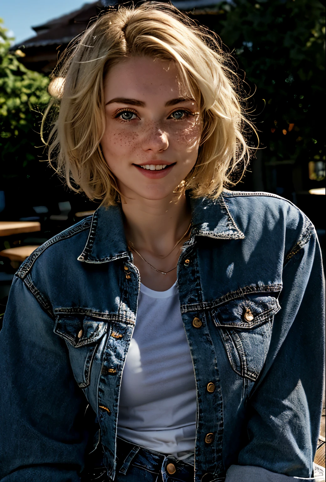 A 21-year-old girl named Kate with short blonde hair, very nice medium breasts, her height is 1.60, white British style, kate is beautiful, angelic face, has light freckles in the nose area, Kate is wearing a light pair of jeans with a denim jacket and a white t-shirt also light colored, Kate is in a beautiful square where he points to the cAeu showing a beautiful sunset at the end of the day