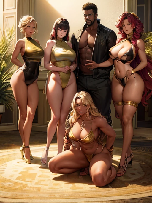 (Best Quality, 2k, Masterpiece, QHD: 1.3, A Handsome short haired african barbarian   man is surrounded by three women up against him touching him and gaze at him, at a mansion, wearing Tracksuits that show off body, perfect bodies, women: long flowing hair, flowers in hair, seductive, materials, golden hour, , jewelry, golden hour, photorealistic, masterpiece, in love, small grin, perfect faces, Flirtatious-groping 