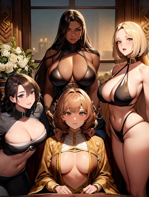 (Best Quality, 2k, Masterpiece, QHD: 1.3, A Handsome short haired african barbarian man is surrounded by three women up against him touching him and gaze at him, at a mansion, wearing Tracksuits that show off body, perfect bodies, women: long flowing hair, flowers in hair, seductive, materials, golden hour, , jewelry, golden hour, photorealistic, masterpiece, in love, small grin, perfect faces, Flirtatious-groping