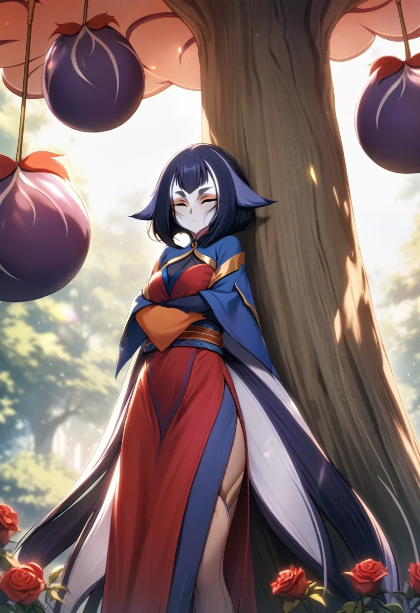 (shylily/(Twich/):1.5),(masterpiece:1.2),(best quality:1.2),Chinese Beauty, Aloof, rose red dress, Giant plum blossom, standing under the tree, Sunlight, Clear face,