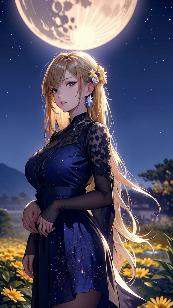 masterpiece, high quality, 4K, Beautiful design, silhouette,blonde, 非常に詳細な夜のStarry Sky,Flower Field, wonderful, Finer details, Very knowledgeable woman, Highly detailed solo, 1 female,Big Breasts,dress,Night view,Starry Sky,full moon,