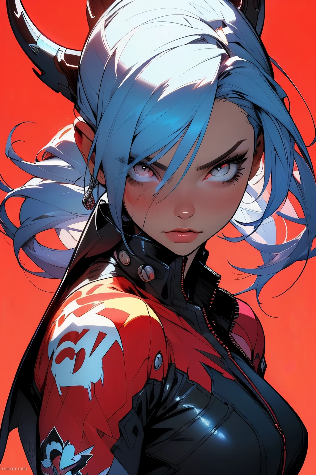 background, Mixed language_text, Japanese graffiti letters, girls, long hair, Excellent lighting, High contrast side lighting, Ultimate perfection (Flat color: 1.3), (magazine_cover: 1.4), (multi-colors_background: 1.3), striped_background, card_background, :: Comic style by Joe Madureira :: Round pieces of white metal are adhered to the highly detailed temples and exude a radiant shine, , Perfect and detailed, Highly detailed shirt with abstract design with Japanese characters printed on the sides of the garment, Portrait of a woman with blue hair and a red cloak, Cyberpunk art inspired by rossdraws graphics,, On top of a futuristic motorcycle, With immersive effects, Hover effect, background graffiti style tribal tattoo with flowers and vibrant colors, "Ultra HDR" Detailed and with focus effect, Artgerm is very detailed, Krenz Cochart and Artgerm, (Masterpiece: 1.2, Best quality), (Beautiful eyes with huge, finely detailed eyelashes: 1.2), , ((Single)), (Finely detailed eyes and detailed face: 1.3), In various full-body attack positions, (cute background: 1.2),Futuristic outfit, Highly detailed circular metals adhere to arms and pants, Magnificent paintings