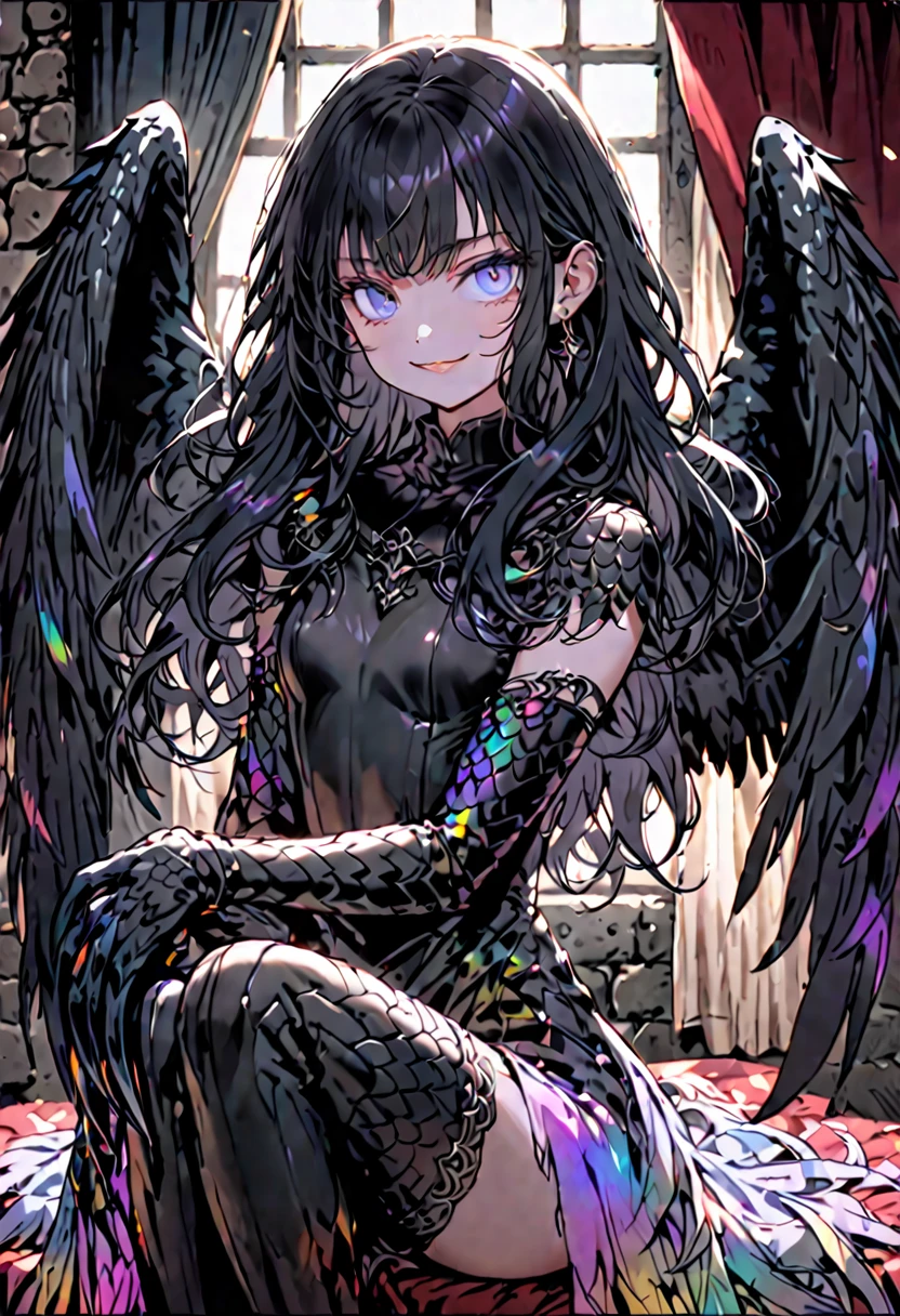 solo, female, sfw, medium shot, long hair, black hair, flowing hair, curly hair, piercing blue eyes, claw hands, claws for hands, sharp claws, black scales on forearms, harpy, lithe, black feathers, large wings, iridescent feathers, athletic, cheeky smile, small breasts, warm, curtains, medieval, short girl, light leather armor, medium breasts