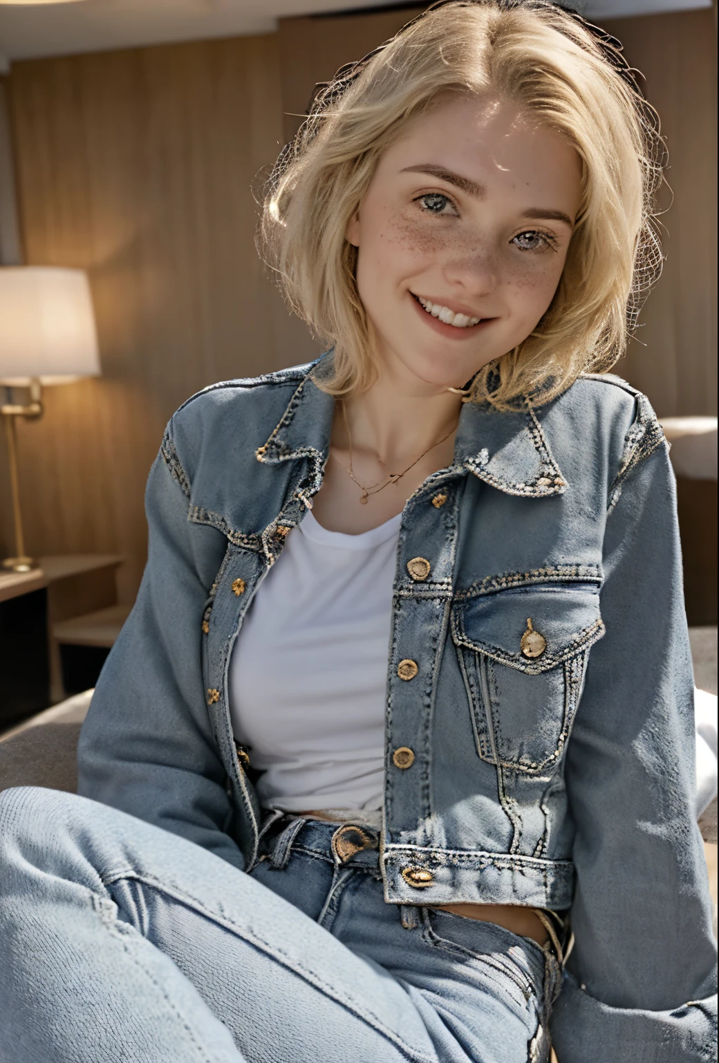 A 21-year-old girl named Kate with short blonde hair, very nice medium breasts, her height is 1.60, white British style, kate is beautiful, angelic face, has light freckles in the nose area, Kate is wearing light jeans with a denim jacket and a white t-shirt also light colored, Kate wears an All Star sneaker. Kate is in a hotel room where she arrived from a trip with her bags, Kate is very happy to enjoy her vacation