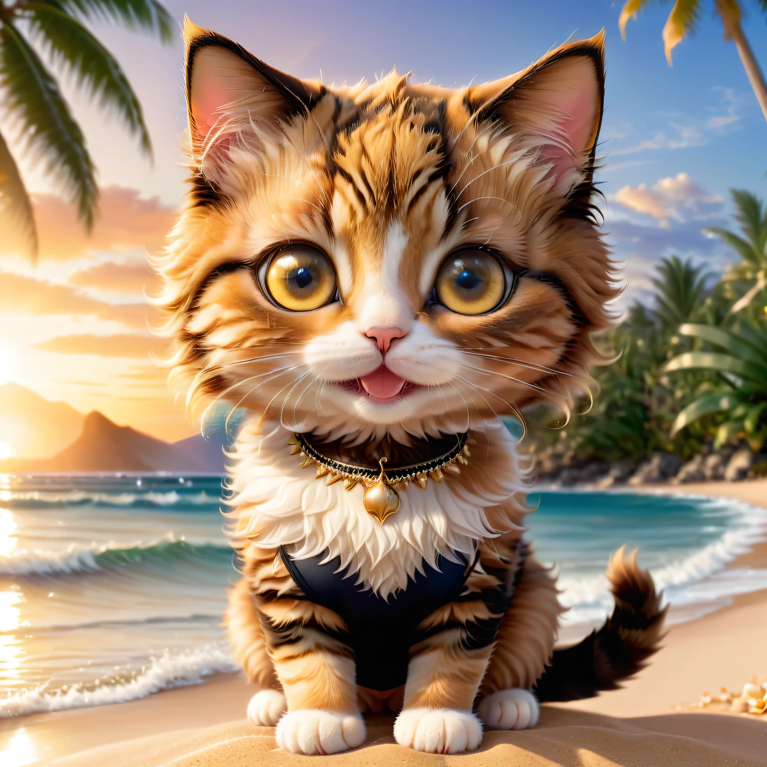 a cute chibi style cat wearing a swimsuit, detailed, highly detailed, adorable, beautiful, elegant, photorealistic, a cat with a happy, playful expression, big eyes, small nose, soft fur, detailed facial features, a breathtaking sunset beach scene, golden hour lighting, crashing waves, palm trees, serene and tranquil, highly detailed, photorealistic