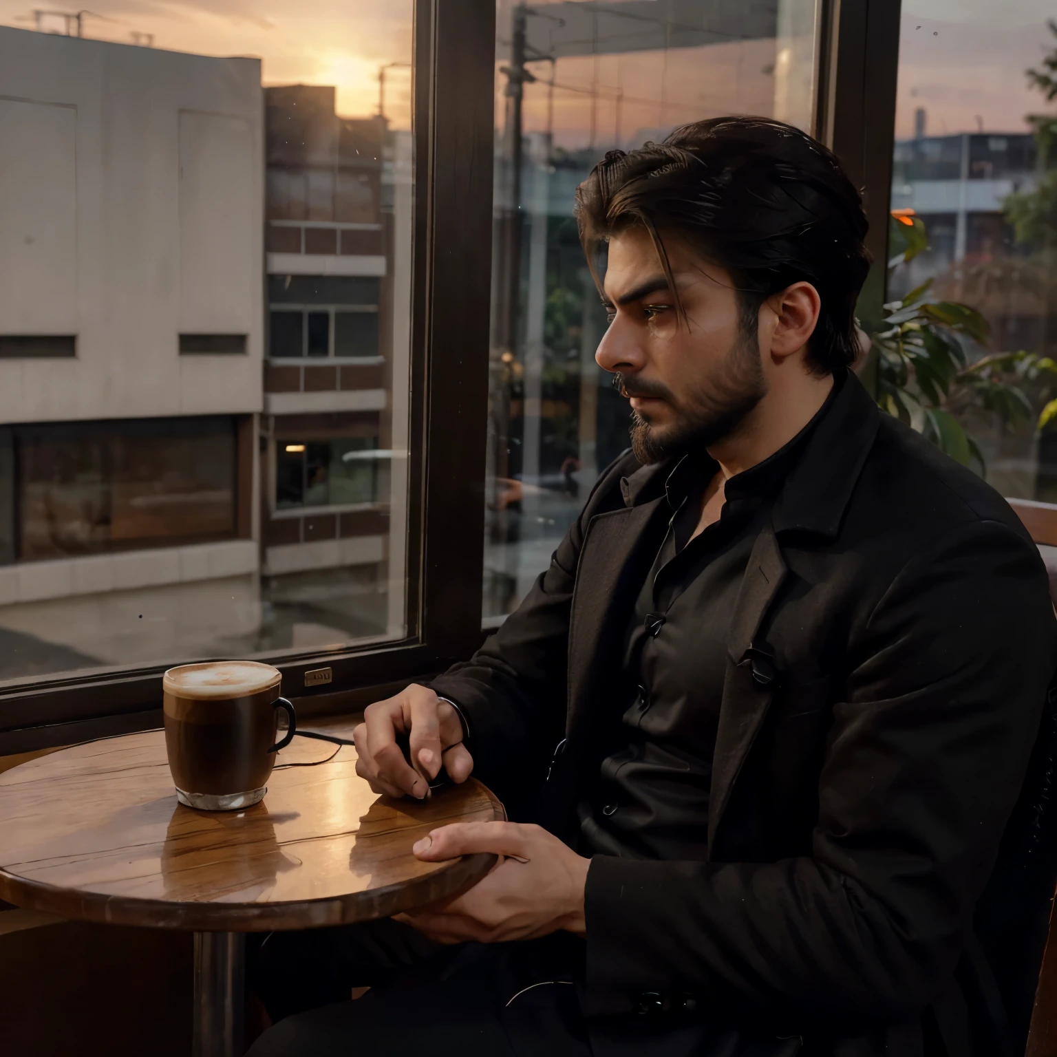 ((Male)), ((looks like fawad khan with beard)), (( black shirt)), ((long coat)), ((sitting in coffee shop)), ((watching outside)), (( candid photo)), ((sunset outside)), Beautiful view outside), (( only side face showing in photo)), (( hd quality))