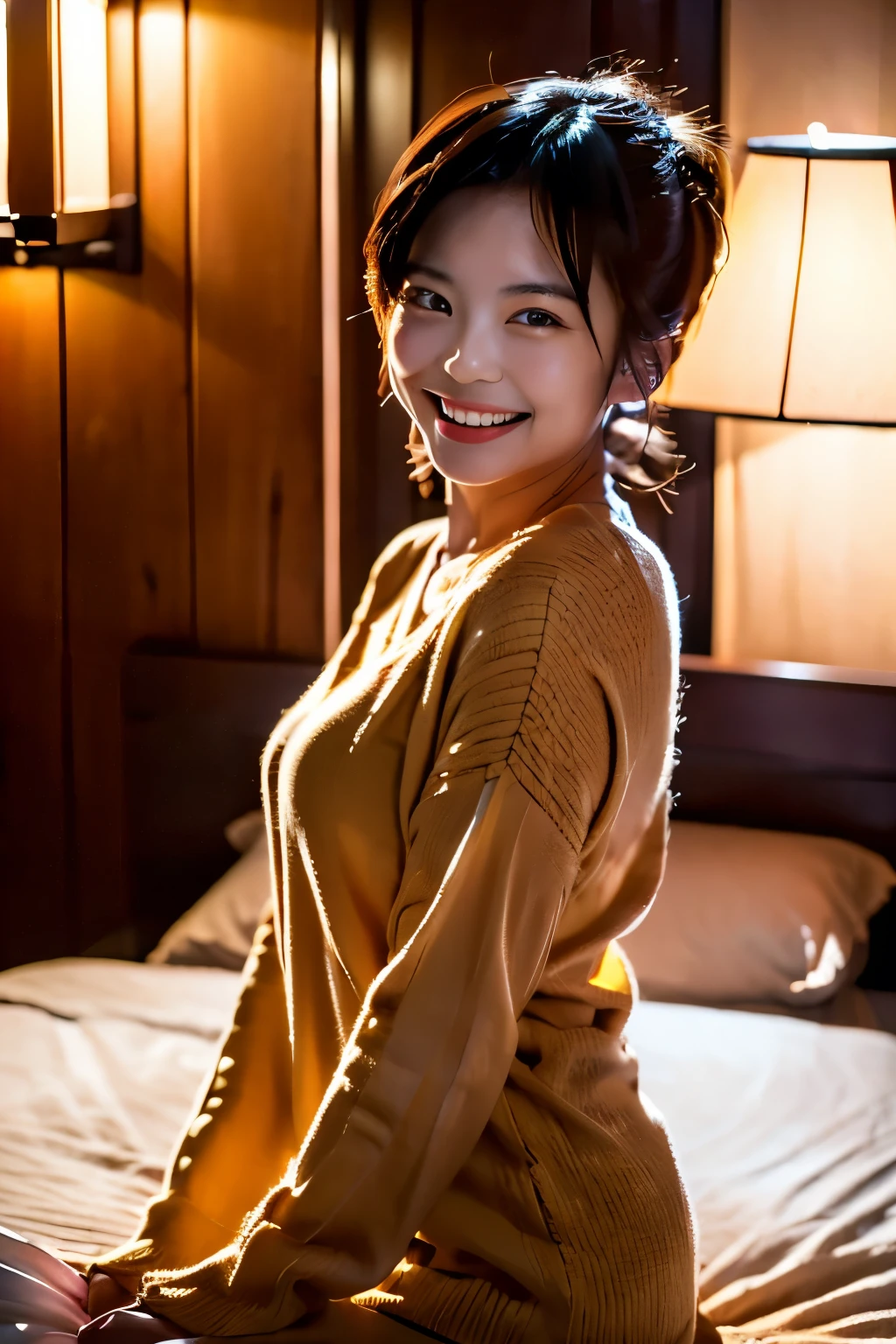 A Japanese woman is sitting on the bed, looking at the camera and smiling.。Sticking out a little tongue。Hotel room。high quality。night。Light of the light。