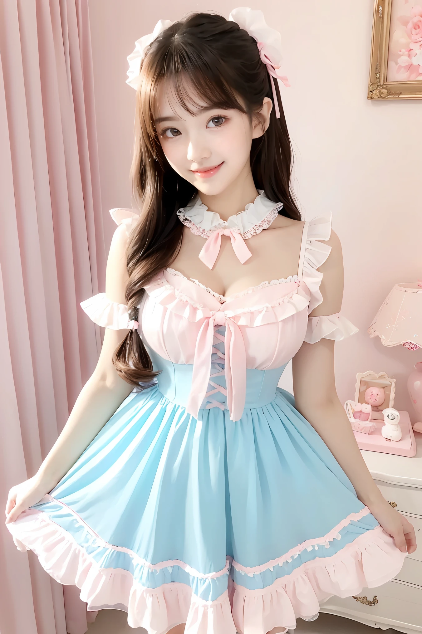 (highest quality、masterpiece、8k、Best image quality、Hyperrealism、Award-winning works)、One Lolita girl、(alone:1.1)、(1 photo:1.1)、(Cute and girly light pink ruffled transparent lolita dress:1.2)、(Cute girly big ribbon:1.1)、(Cute and gorgeous hair accessories:1.1)、(large ribbon on the head:1.1)、Girly lace decoration、Cute girl frills、Cute girly lolita wavy hair、(Low length:1.1)、(height: 140cm:1.1)、(Big Breasts:1.1)、(Cleavage:1.1)、Cute heart ornament、Lots of cute frills、Big cute ribbon、Accentuate your body lines、Slender body、Standing Elegantly、(Pastel colored girly lolita room background:1.1)、(Light blue and light pink lolita dream room:1.1)、(Lots of cute pastel-colored furniture:1.1)、(Lots of cute furniture, Perfectly organized:1.1)、(The background is a colorful Lolita room with pastel colors..:1.1)、(Cute girly curtains in pastel colors:1.1)、(very bright and vivid:1.2)、(Beautiful walls with cute decorations in pastel colors:1.1)、Blurred Background、Standing Elegantly、Accurate anatomy、Perfect Makeup、Long eyelashes、Glossy lips、Ultra HD glossy skin、(Ultra-high resolution, bright and beautiful skin:1.2)、超高精細のGlossy lips、Ultra-high resolution beautiful teeth、(Voluptuous body:1.1)、Cute heart mark、Wide々A stylish Lolita room、Rose vase