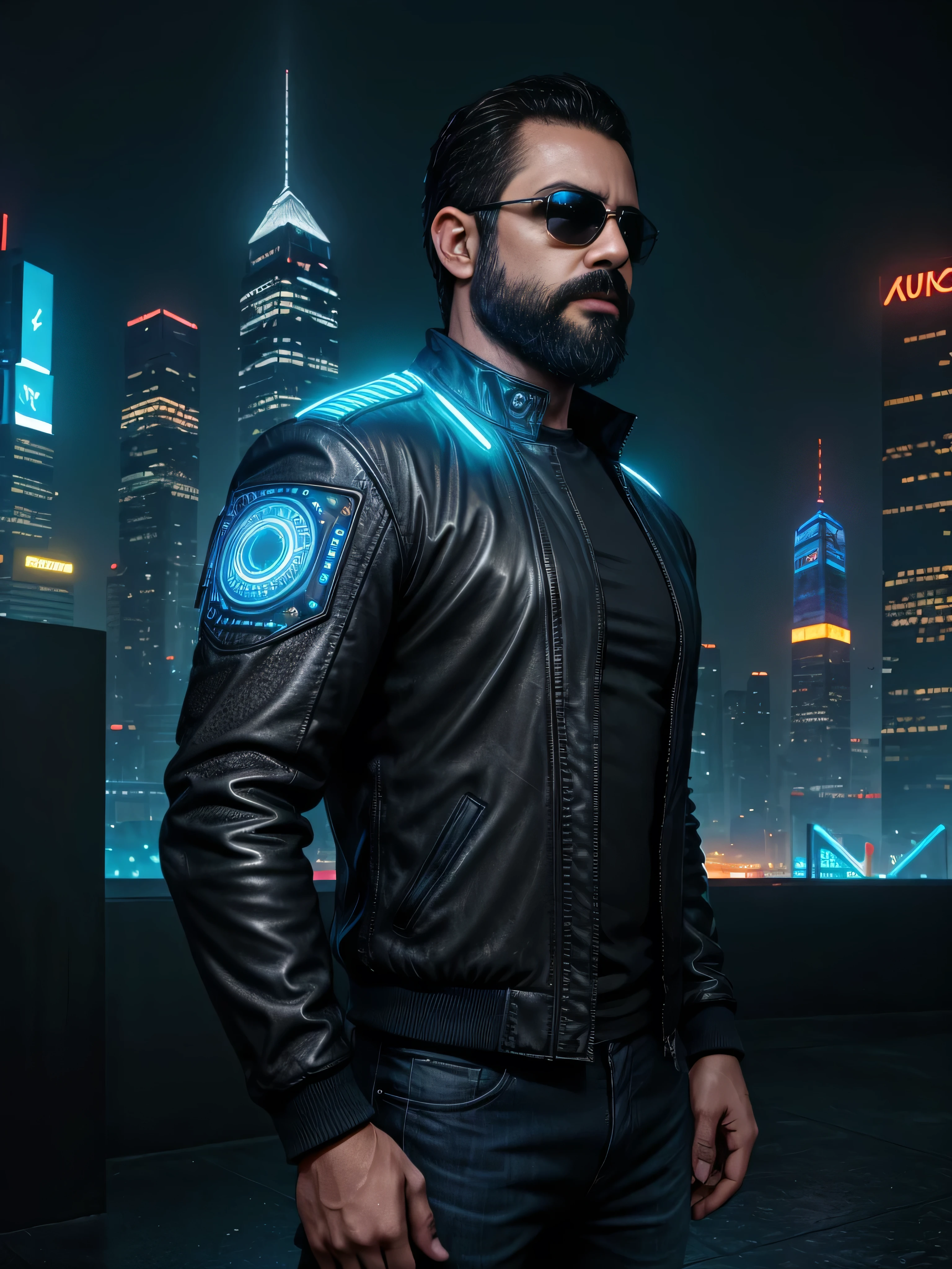 Create a highly detailed and ultra-realistic digital artwork of a very masculine 38-year-old man with a beard and wearing dark sunglasses. He is shown from the waist up in a medium shot. The man is standing in a cyberpunk cityscape at night, illuminated by neon lights. He is wearing a sleek, futuristic leather jacket with glowing blue circuitry patterns and a dark shirt underneath. The background features towering skyscrapers with holographic advertisements, flying cars, and a vibrant mix of colors from various light sources. The overall atmosphere is gritty yet vibrant, capturing the essence of a futuristic urban environment
