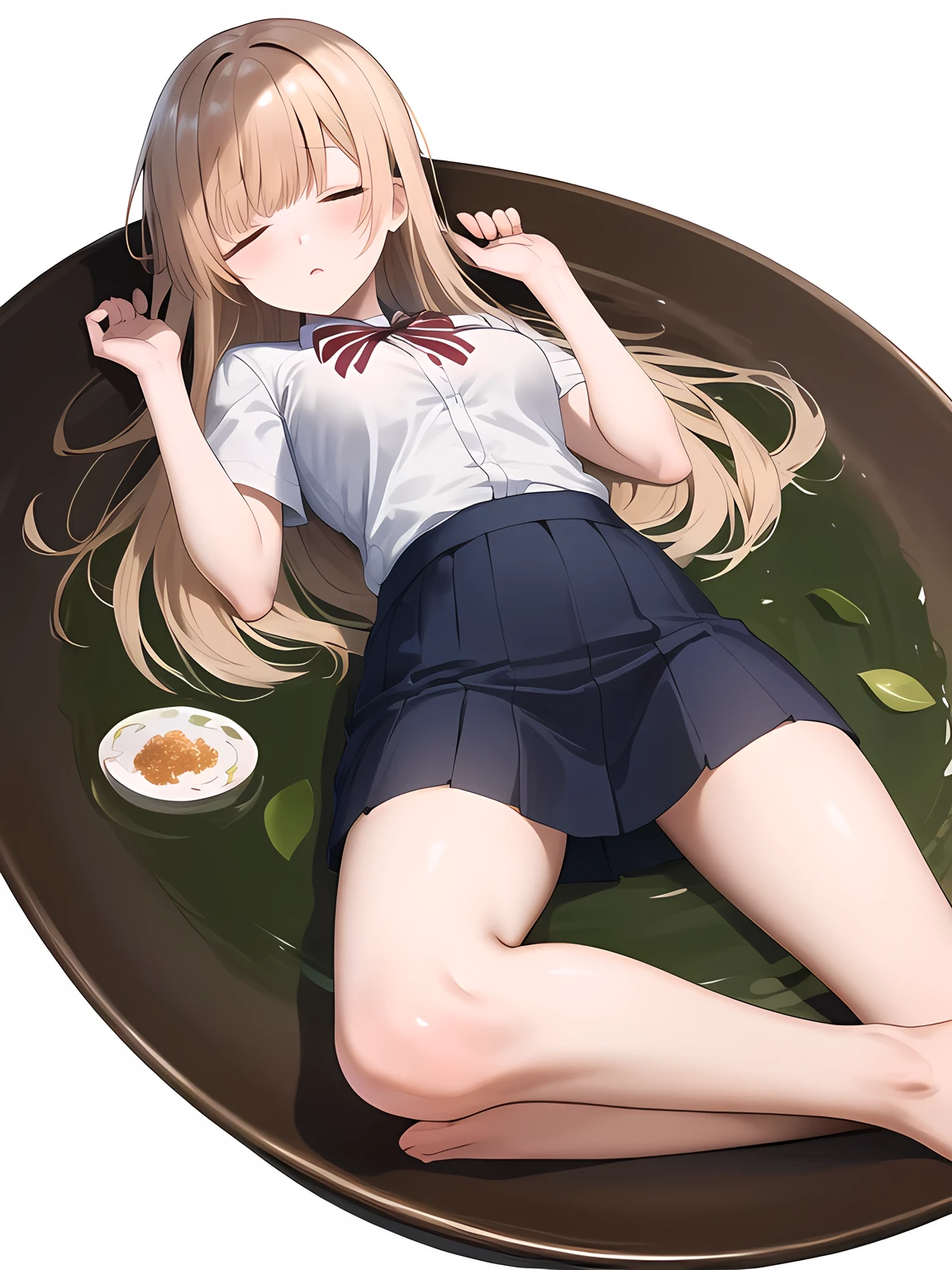masterpiece, best quality, Highres, aamahiru, long hair, short skirt, shirt, she is sleeping, eyes closed, lying in a giant plate, white background