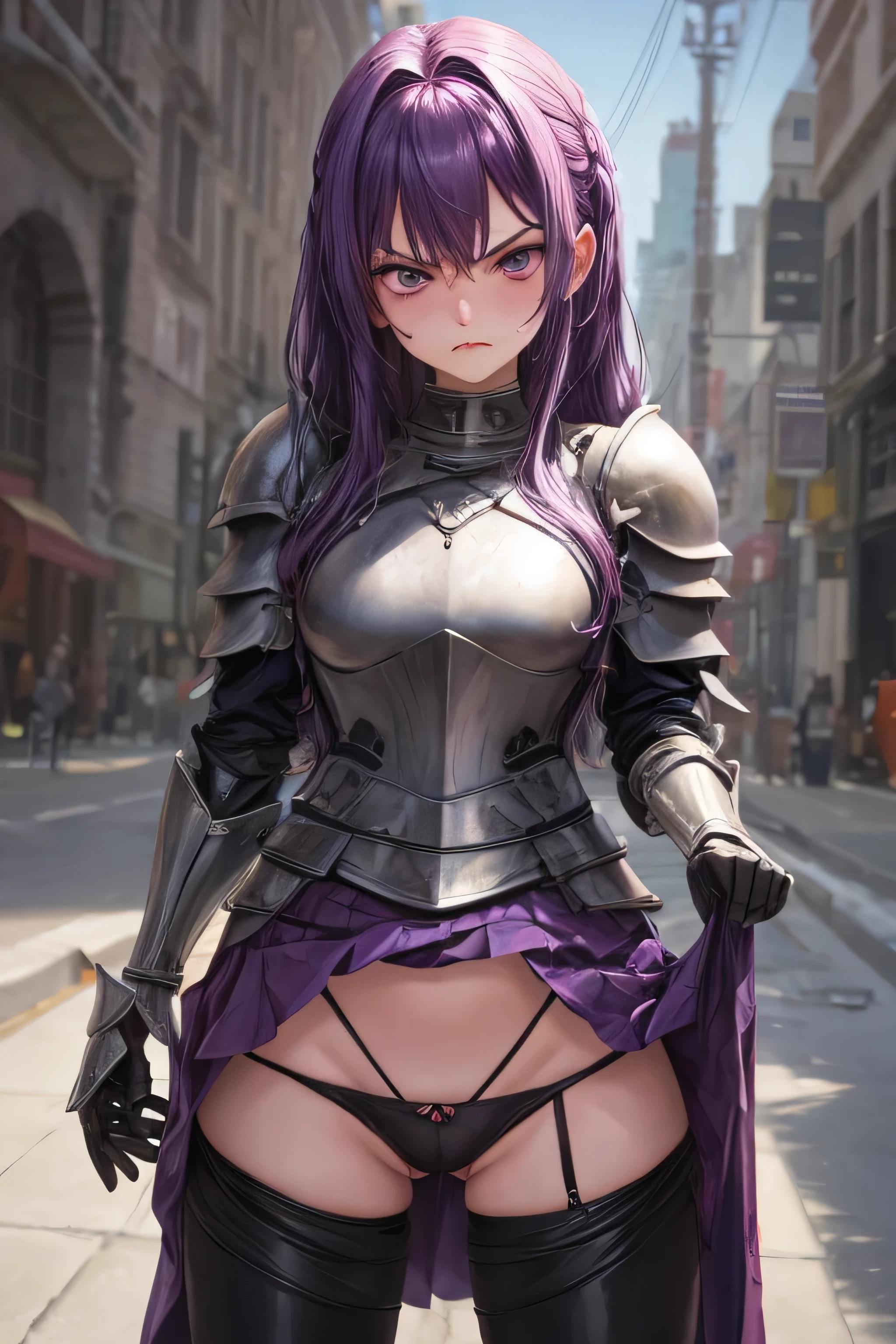 nsfw:3,purple hair,skirt lift:2,Half-off pants,Angry face,Armor Knight,yo