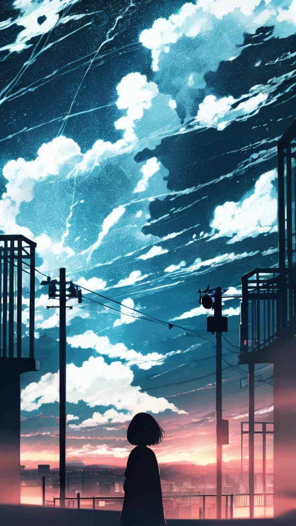 anime,silhouette,1girl, cloud, outdoors, skyscraper, city lights, blue sky, skyline,morning,waking,In nature,Mountain,Couple,Black and white only