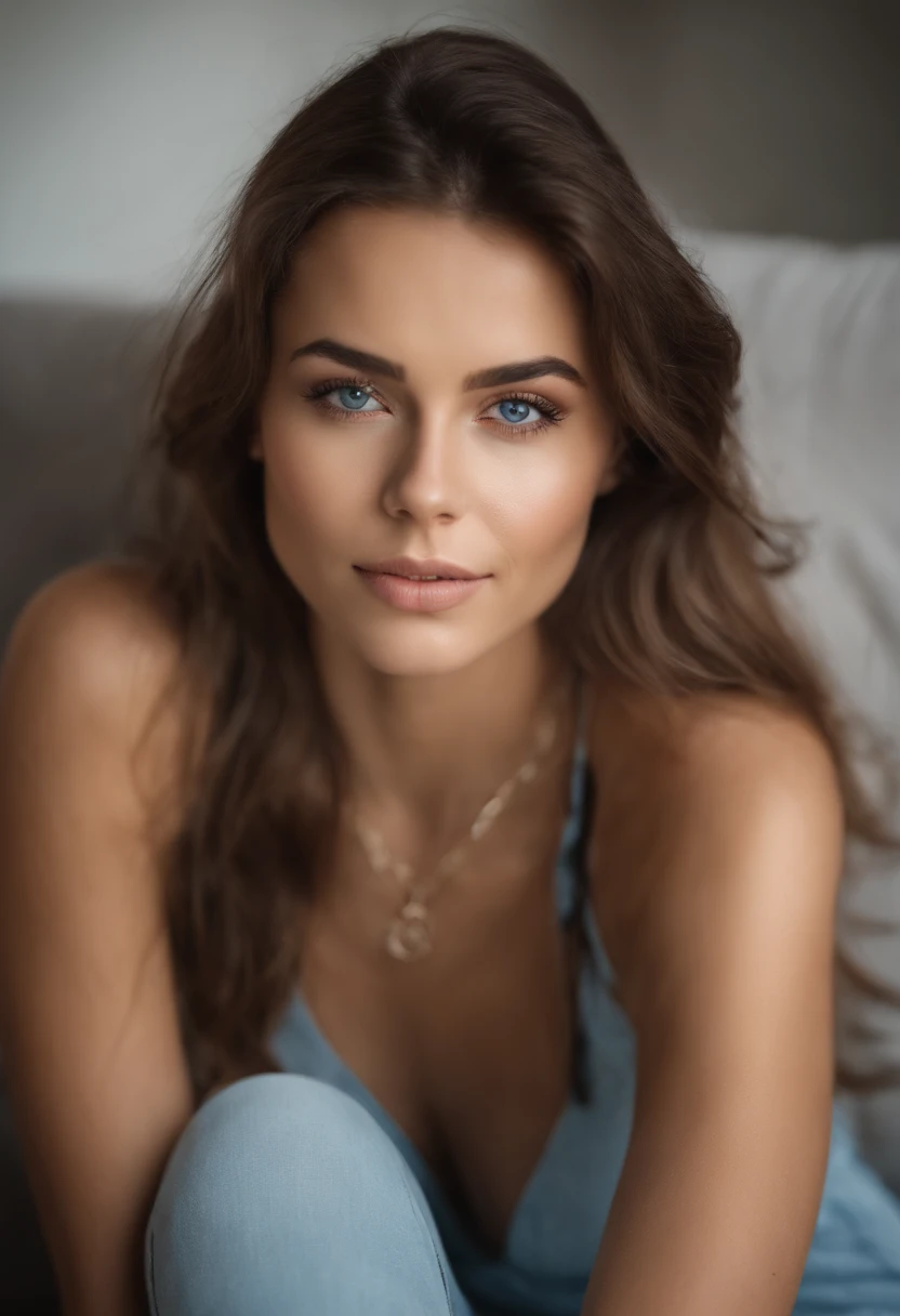 Woman with a white tank top and necklace, fille sexy aux yeux bleu clair, Portrait de Sophie Mudd, cheveux bruns et grands yeux, selfie d'une jeune femme sans maquillage, Maquillage naturel, regarder directement la caméra, visage avec maquillage subtil, stunning Tout le corps shot, yeux bleu clair perçants, bel angle, pose attrayante, Jolie fille, pose sexy, Tout le corps picture, Tout le corps, Tout le corps shoot, Brown Goddess, high detail, pose satisfaite, leather pants sitting on sofa