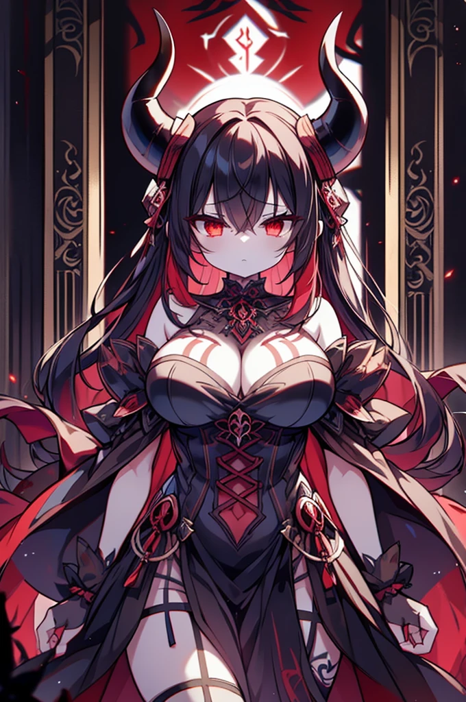 a close up of a woman in a red dress with masks hanging from a ceiling, ornate cosplay, ornate mask and fabrics, eerie art style, beautiful elegant demon queen, rococo cyberpunk, gothic maiden shaman, goddess of death, intricate costume design, anime character; full body art, scary queen of death, dressed as an oracle, beautiful necromancer