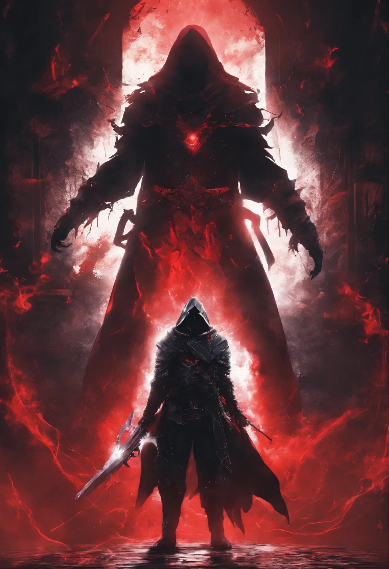 (ultra-detailed CG unit 8k wallpaper, Master parts, Best quality, depth of fields, hdr, complex), Tall, The sinister Dark Assassin wears a metal mask,((skull mask)), Bright red eyes,Light and dark armor,Behind him,He wears a low-key red cloak。,Holding a sharp dagger in his arms,Step into the burning village, (complex: 1.4) (Master parts: 1.4) (illustration: 1.4), Red studio lighting, Post-processing, 8K resolution, deep dark background, imponent, Well-composed photos, Impressive, dark fantacy (director: greg rutkovsky: 1.2), (darken: 1.5)(multiple persons:1.5)