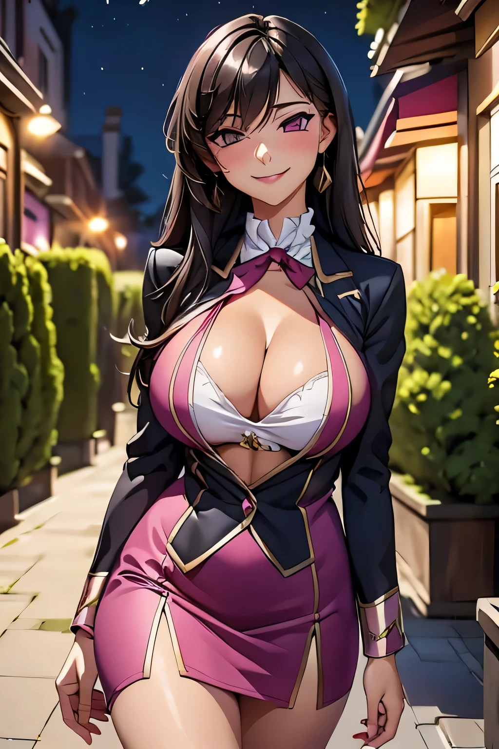 (high quelity), Female Lelouch, JK, cleavage, long hair, mischievous smile, light blush, looking at viewer, huge breasts, precise hands, sexy pose, detailed night garden in the background, empty eyes, dark pink short dress