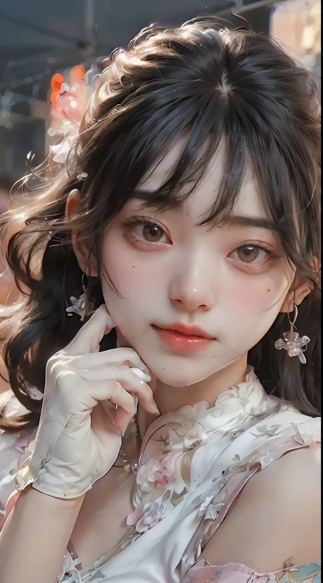 photorealistic, Lip balm, realistic, best quality, Ultra high resolution, Depth, pastel colors, natural shading, Focus on the face, Just a face., looking at the audience, long hair, black hair, The eyes are brown and well detailed., black dress, glove, Anatomically correct, 1girl