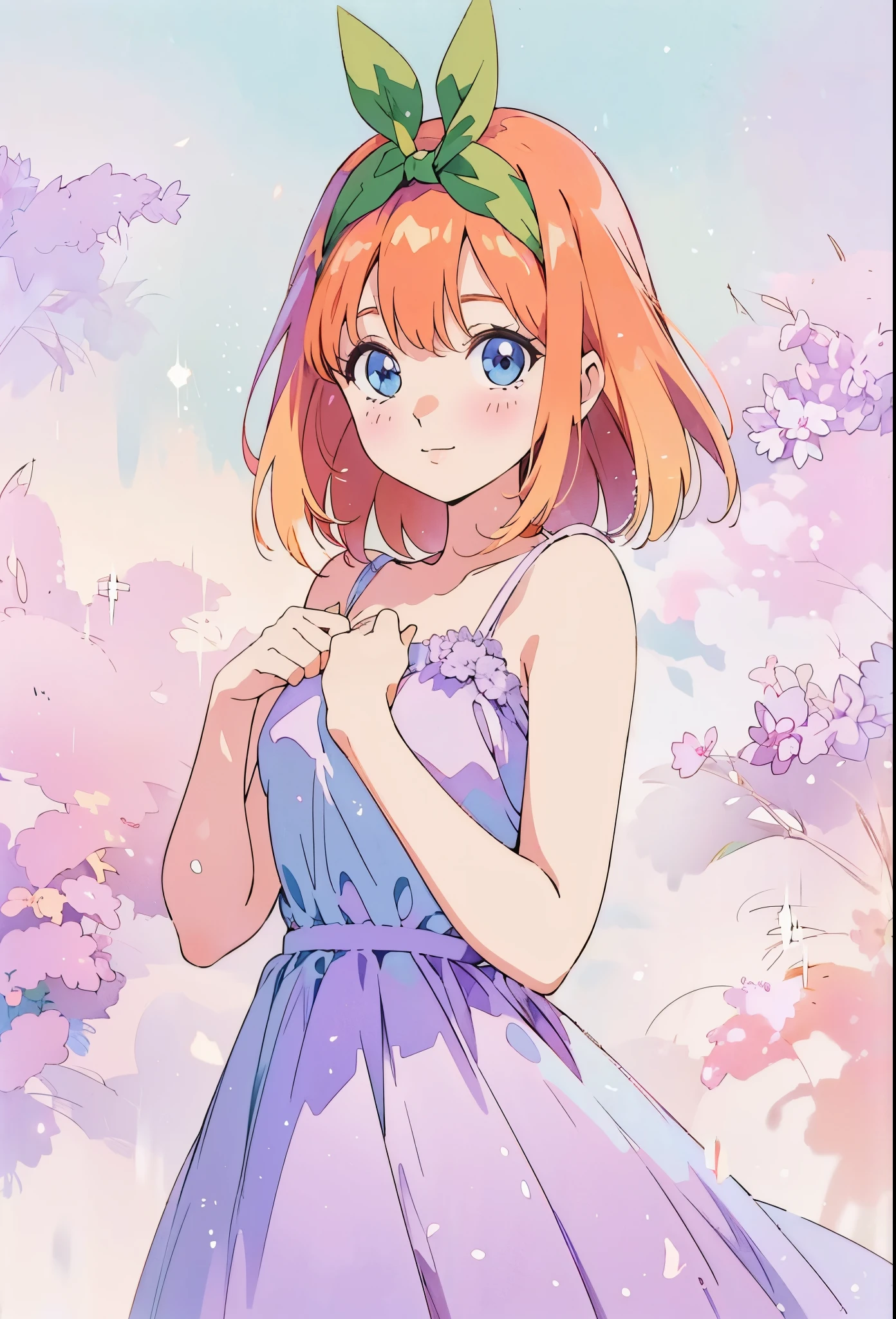 Pastel illustration, lilac theme, yotsuba nakano, standing 3/4, looking at viewer, soft standing pose, cowboy shot, wearing a lilac dress, blue eyes, shoulder length orange hair, green ribbon,hair ribbon, nakano_yotsuba, simple lilac dress, higher quality, soft vivid colours, , lovely, splendid, delicacy, 4k, extremely detailed, sparkling eyes, perfect face, soft smile, sweet face, lovely, watercolor paiting, Ultra Detail, , soft pastel colours, pastel, aesthetic, beautiful girl, gradient lilac ballgown, minimal lilac themed background, watercolor illustration, disney art style, standing, looking at viewer, beautiful, masterpiece, best qualityr, blue eyes