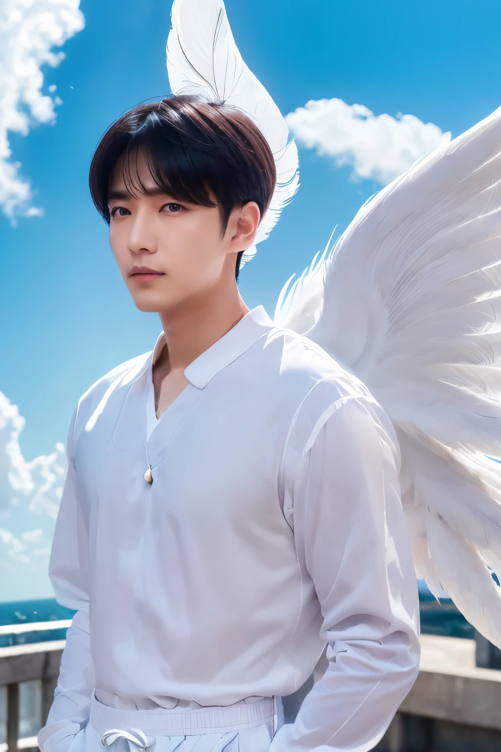 (((masterpiece、high resolution、high quality、Ultra-high resolution、Delicate、sunlight)))1 male、Full Body Shot、Black short hair、White ring on head:1.5、Dense lips、((Angel、White Wings、White Feather))、Above the Clouds、blue sky、太陽のsunlight