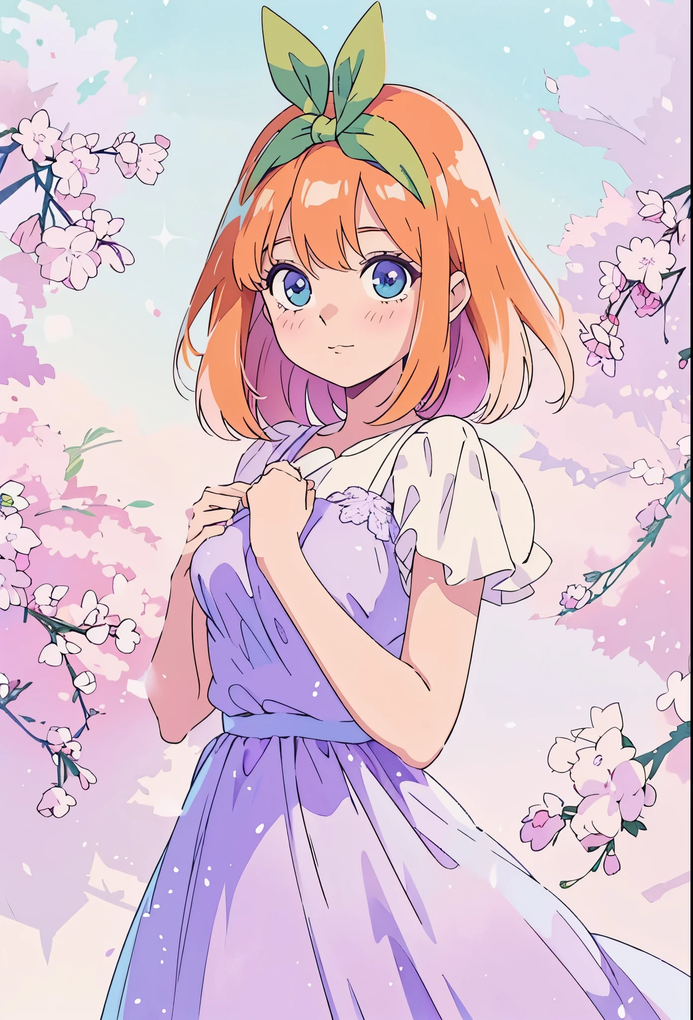 Pastel illustration, lilac theme, yotsuba nakano, standing 3/4, looking at viewer, soft standing pose, cowboy shot, wearing a lilac dress, blue eyes, shoulder length orange hair, green ribbon,hair ribbon, nakano_yotsuba, simple lilac dress, higher quality, soft vivid colours, , lovely, splendid, delicacy, 4k, extremely detailed, sparkling eyes, perfect face, soft smile, sweet face, lovely, watercolor paiting, Ultra Detail, , soft pastel colours, pastel, aesthetic, beautiful girl, gradient lilac ballgown, minimal lilac themed background, watercolor illustration, disney art style, standing, looking at viewer, beautiful, masterpiece, best qualityr, blue eyes