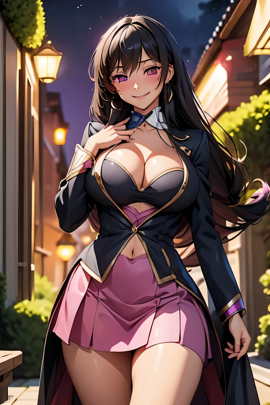 (high quelity), Female Lelouch, JK, cleavage, long hair, mischievous smile, light blush, looking at viewer, huge breasts, precise hands, sexy pose, detailed night garden in the background, empty eyes, dark pink short dress