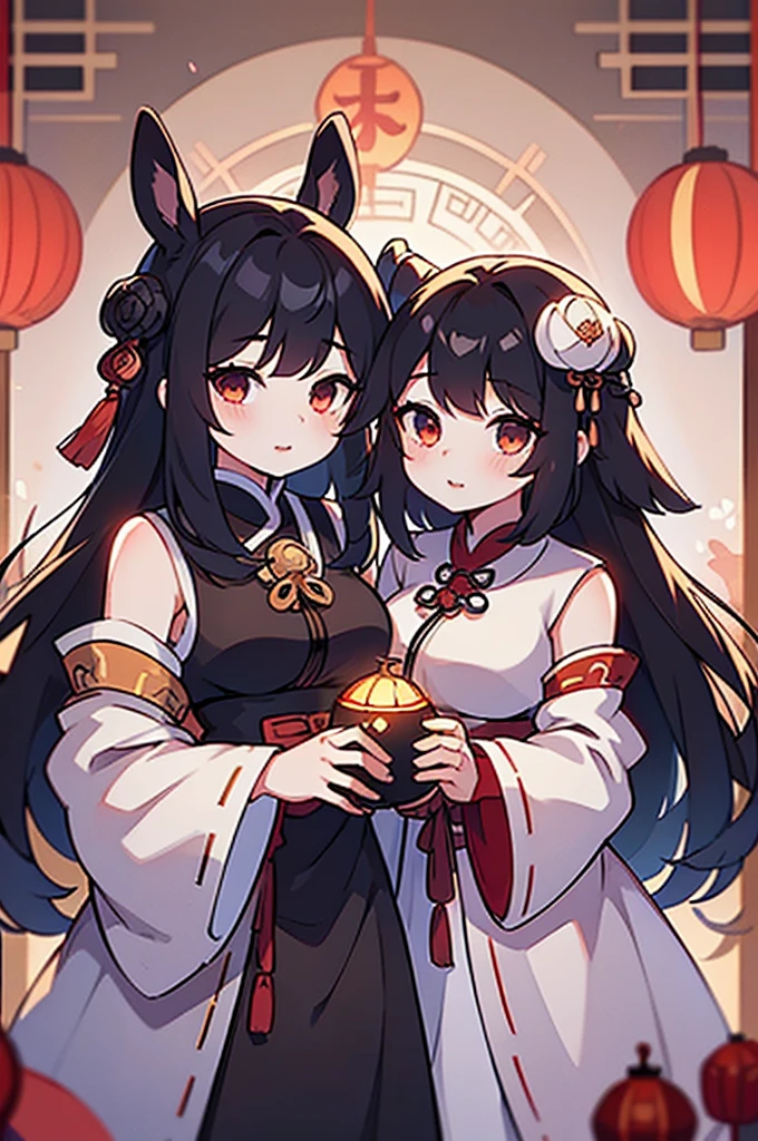 Two beautiful girls, holding a rabbit, white_skin, black-hair, very long hair, Good figure,
Wear the light color traditional dress of the Han Chinese people,
Background is Lantern Festival, many lantern,red light.