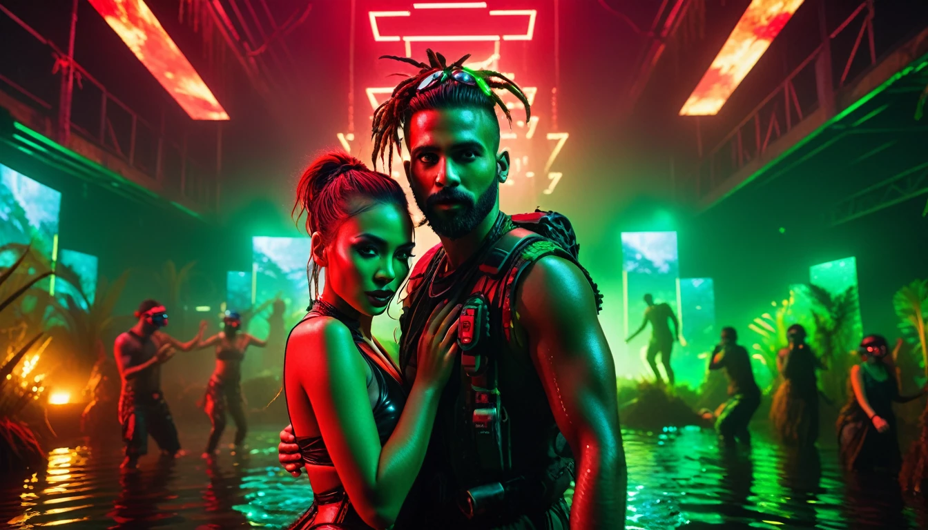 A post-apocalyptic couple looking at the camera, celebrating and dancing, bright red and green colors, highly detailed, cinematic, dramatic lighting, photorealistic, 8k, best quality, masterpiece, intricate details, vibrant colors, dynamic composition, expressive poses, beautiful Faces, exquisite fashion, atmospheric atmosphere, dark and dirty, neon lights, apocalyptic subtropical landscape, futuristic technology, environmental storytelling, perfect face and body, detailed faces, It is time for WETLAND again, a dystrophic world where there's no dry land, only a fortress in the water! Immerse yourself in the aquatic wonder with five electrifying live DJs, and let the enchanting Virtual Crazy Dancers take your underwater adventure to a whole new level. It's a world of wet and wild entertainment you won't want to miss!