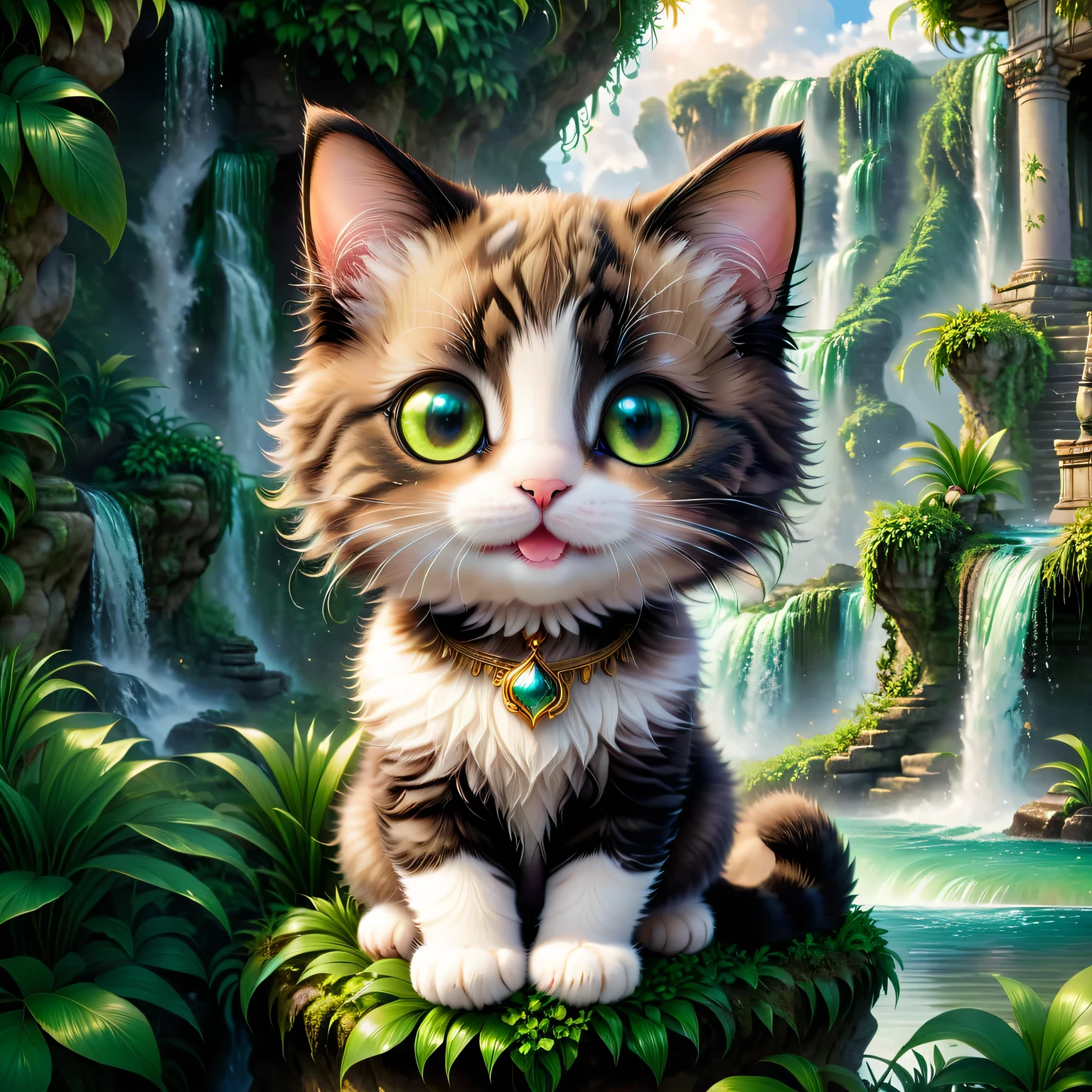 a cute chibi style cat, detailed, highly detailed, adorable, beautiful, elegant, photorealistic, a cat with a happy, playful expression, big eyes, small nose, soft fur, detailed facial features, a floating island in the sky, lush greenery, waterfalls, ancient ruins, magical atmosphere, highly detailed, fantasy