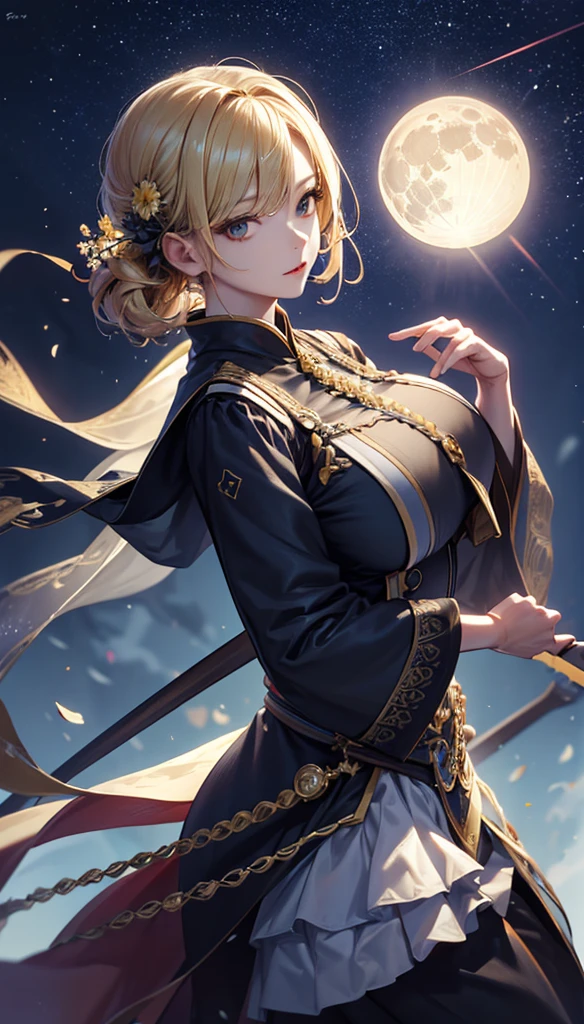 masterpiece, high quality, 4K, Beautiful design, silhouette,blonde, 非常に詳細な夜のStarry Sky,Flower Field, wonderful, Finer details, Very knowledgeable woman, Highly detailed solo, 1 female,Big Breasts,uniform,Night view,Starry Sky,full moon,