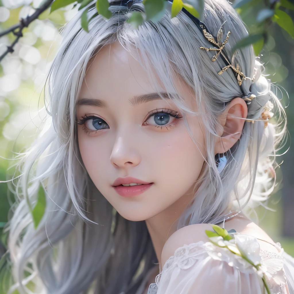 (masterpiece:1.3), (8k, Realistic, RAW Photos, Best image quality: 1.4), Fair-skinned fairy woman、short hair、Cleavage:2.0、Highly detailed face、Attention to detail、double eyelid、Sharp focus:1.2、Beautiful woman:1.4、Silvery white hair、highest quality、masterpiece、Ultra-high resolution、(Realistic:1.4)、Highly detailed and professionally lit smiles、Loose, Light,Japanese high 、 one person、whole body, I eat breakfast