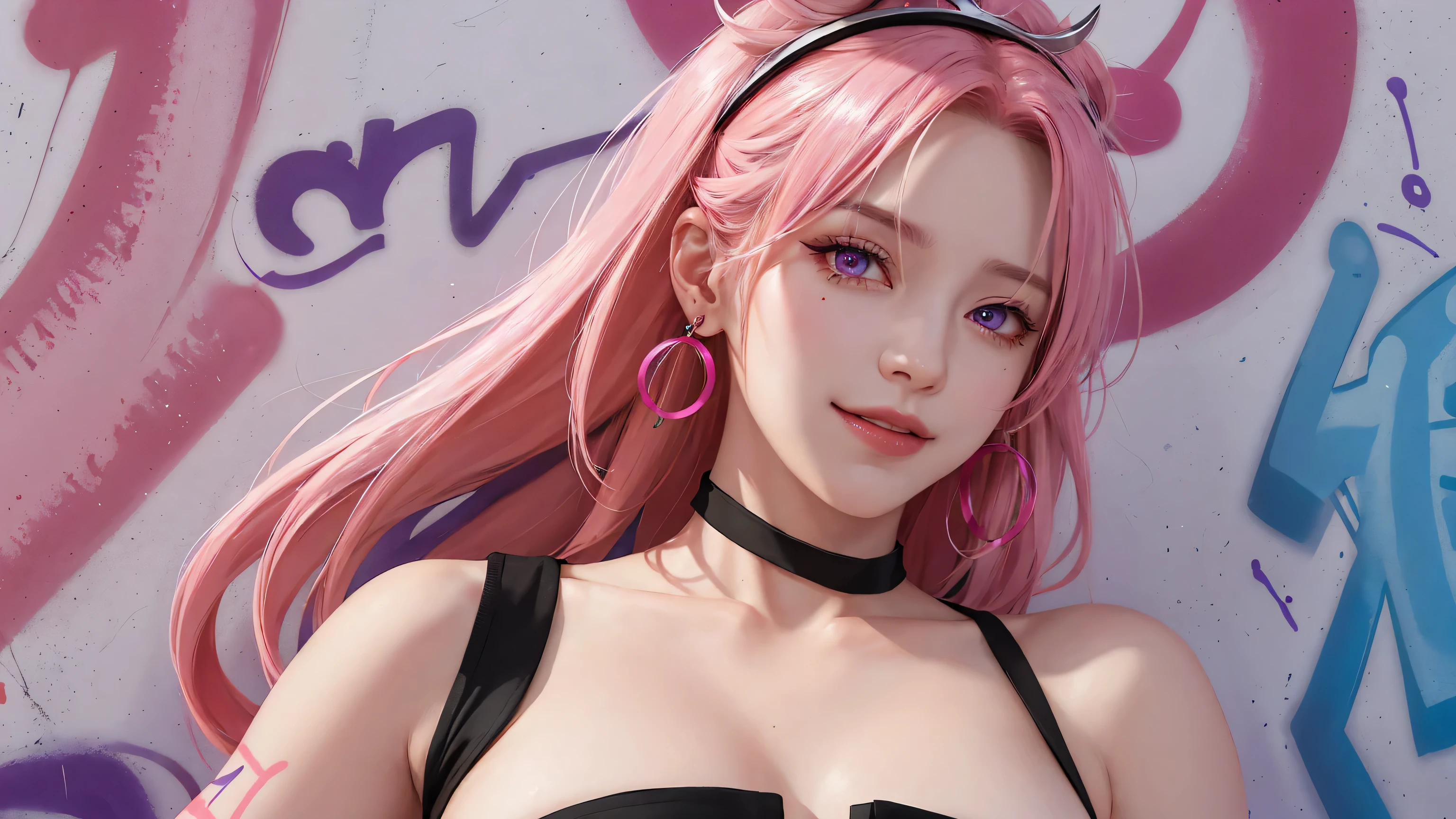 (Masterpiece, best quality, 1 girl, alone, complicated details, Chromatic aberration), realistic, ((Moderate breath)),long hair, pink hair, Red headpiece, Pink Highlights, hair on one eye,purple eyes, earring, sharp eyes, choker, Neon coat, She wears a collar, bangle, and kimono style garters., crop top, (symmetrical eyes),(Perfect symmetrical body),against the wall, Brick wall, (colorful graffiti words on the wall:1.2), The light is dim., alley ,Look at the viewer.、Dig the chest、smile、(sleeveless、Navel touch、Fitted turtleneck.)、street string hot pants、Thin bottom、Please build above the eaves..、Thin shoulders、in underwear、