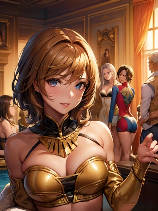 (Best Quality, 2k, Masterpiece, QHD: 1.3, A Handsome short haired african barbarian man is surrounded by three women up against him touching him and gaze at him, at a mansion, wearing Tracksuits that show off body, perfect bodies, women: long flowing hair, flowers in hair, seductive, materials, golden hour, , jewelry, golden hour, photorealistic, masterpiece, in love, small grin, perfect faces, Flirtatious-groping