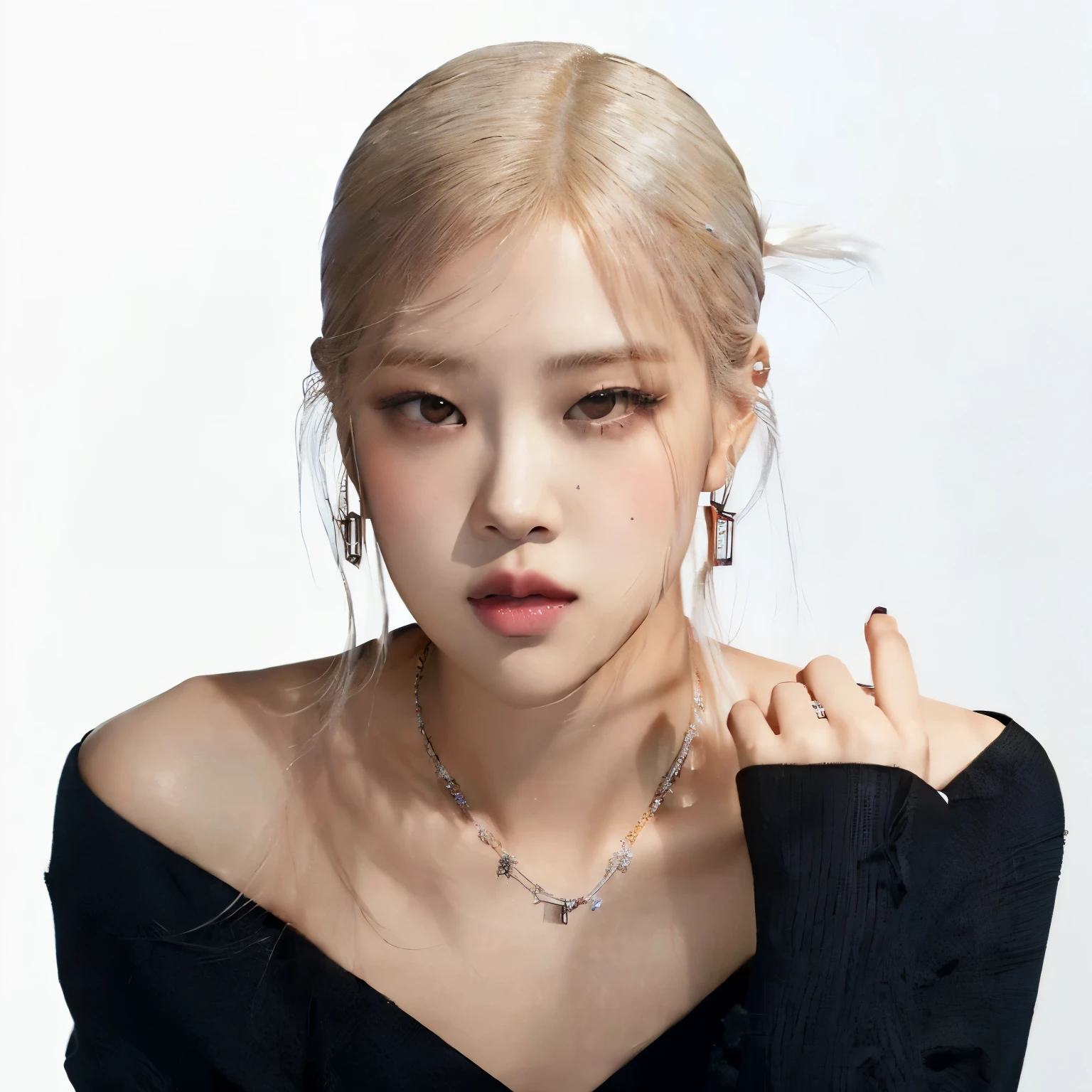 a close up of a woman wearing a black top and a necklace, portrait of jossi of blackpink, roseanne park of blackpink, jossi of blackpink, portrait of female korean idol, jia, portrait of kpop idol, lalisa manoban of blackpink, heonhwa choe, lalisa manobal, park ji-min, lee ji - eun