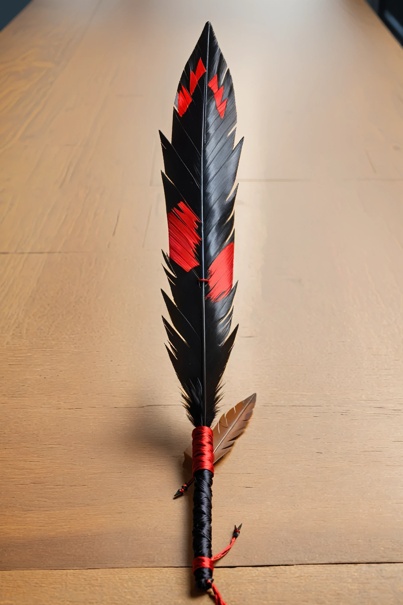 metallic, sharp arrowhead two centimeters wrapped with red thread at the junction with the base, the base is meter long and made of wood, at the end of the arrow, black plumage made from a raven feather.