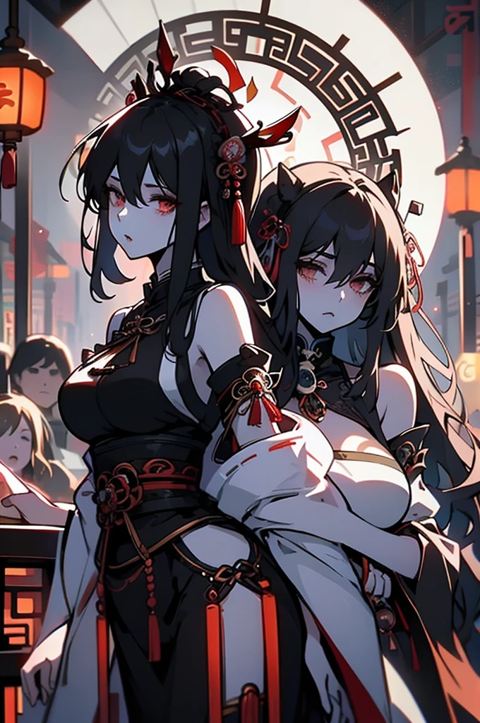 Two beautiful girls, holding a rabbit, white_skin, black-hair, very long hair, Good figure,
Wear the light color traditional dress of the Han Chinese people,
Background is Lantern Festival, many lantern,red light.