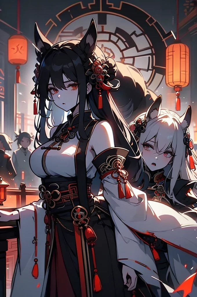 Two beautiful girls, holding a rabbit, white_skin, black-hair, very long hair, Good figure,
Wear the light color traditional dress of the Han Chinese people,
Background is Lantern Festival, many lantern,red light.