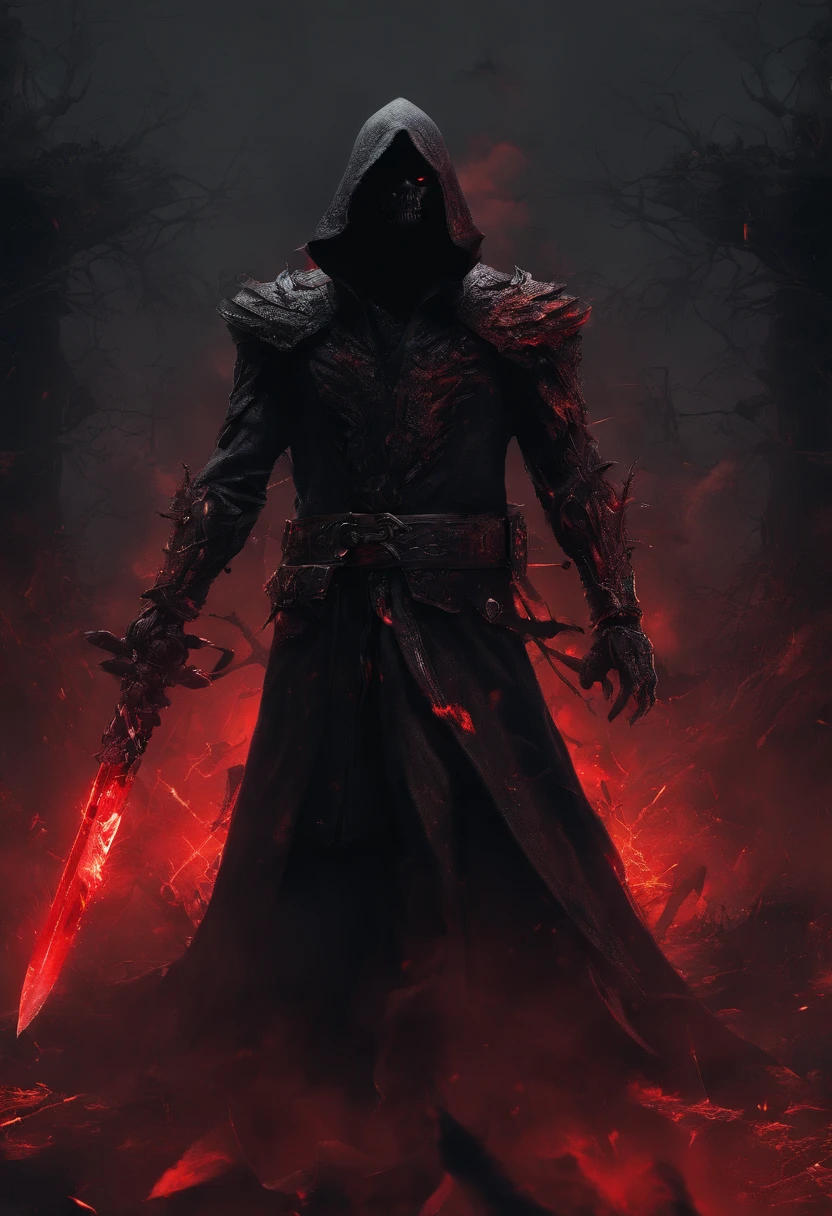 (ultra-detailed CG unit 8k wallpaper, Master parts, Best quality, depth of fields, hdr, complex), Tall, The sinister Dark Assassin wears red eyes mask,((grim reaper)), Bright red eyes,Light and dark armor,Behind him,He wears a low-key red cloak。,Holding a sharp dagger in his arms,Step into the burning village, (complex: 1.4) (Master parts: 1.4) (illustration: 1.4), Red studio lighting, Post-processing, 8K resolution, deep dark background, imponent, Well-composed photos, Impressive, dark fantacy (director: greg rutkovsky: 1.2), (darken: 1.5)(multiple persons:1.5, ride a evil horse, zombie horse, red eyes